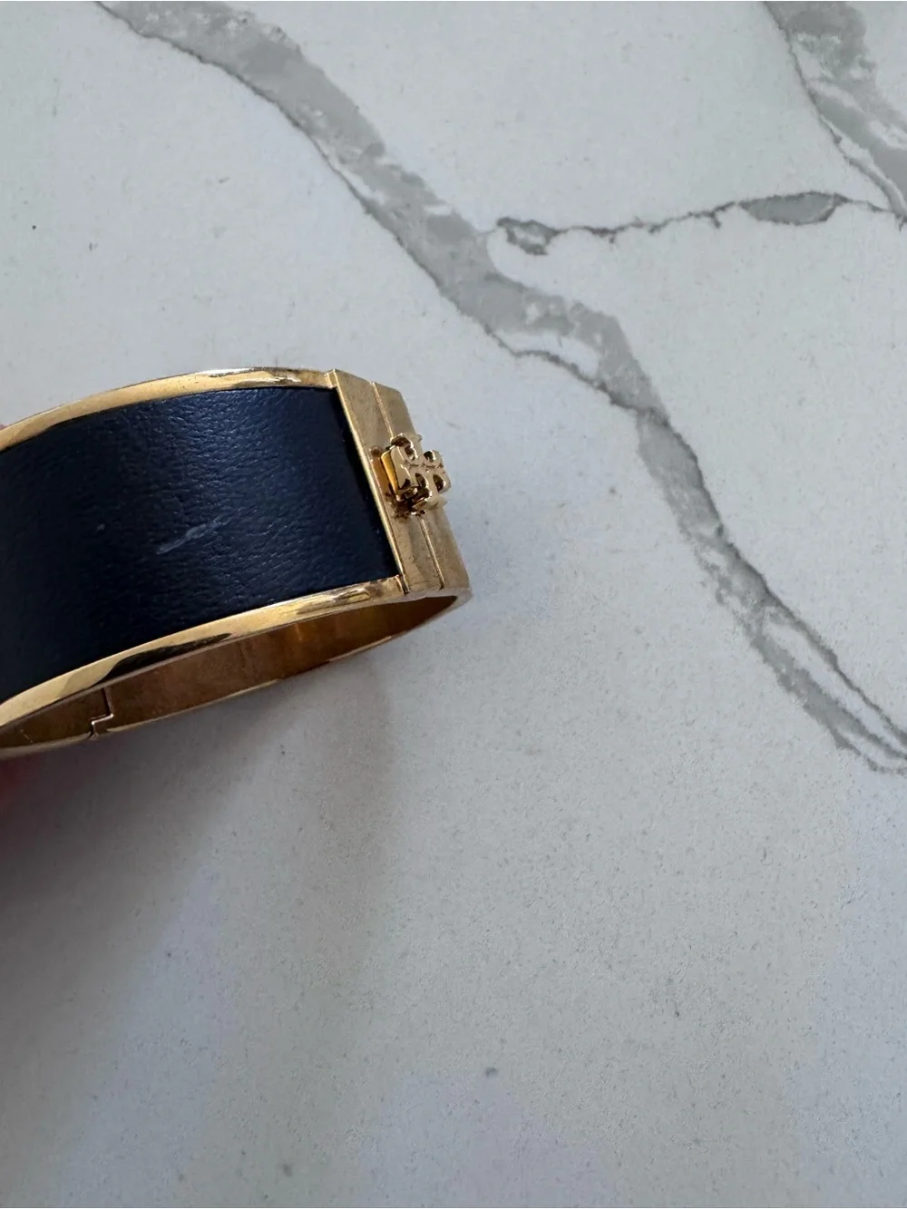 Tory Burch Black and Gold Logo Hinge Bracelet